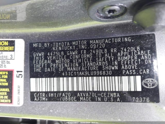 4T1C11AK9LU996830 Toyota CAMRY LE