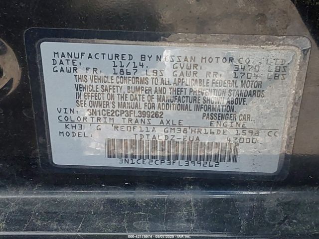 3N1CE2CP3FL399262 Nissan Versa Note Sv