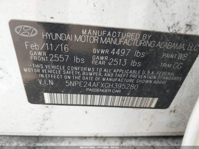 5NPE24AFXGH395280 Hyundai Sonata