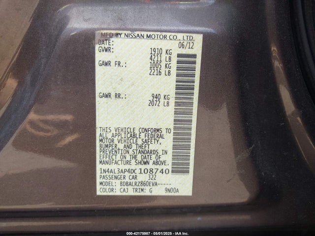 42175987 :رقم المزاد ، 1N4AL3AP4DC108740 vin ، 2013 Nissan Altima 2.5 S مزاد بيع