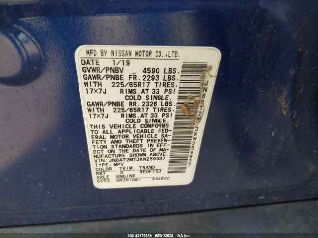 JN8AT2MT3KW259937 Nissan ROGUE SV
