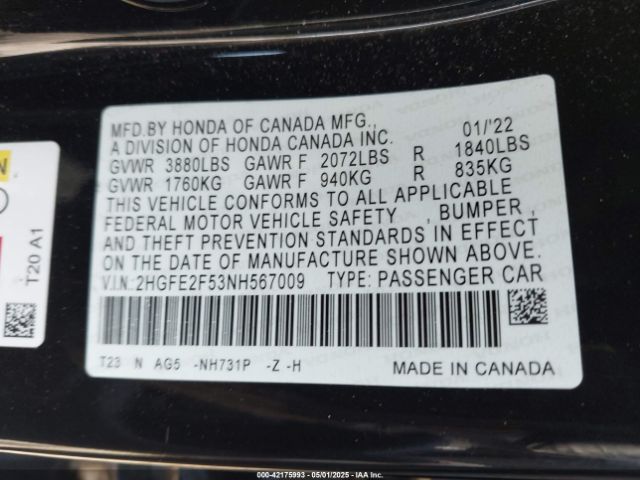2HGFE2F53NH567009 Honda Civic Sport