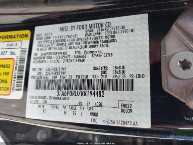 3FA6P0RU7KR194482 Ford Fusion Hybrid Titanium