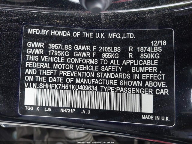 SHHFK7H61KU409634 Honda l15ba