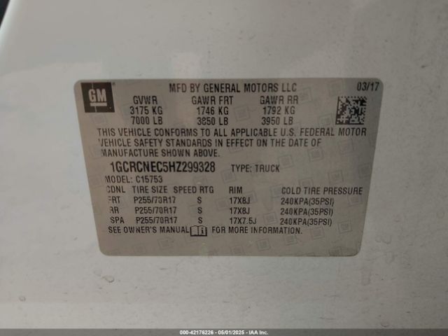 1GCRCNEC5HZ299328 Chevrolet l83 - sidi: spark ignited direct injection, vvt: variable valve timing, afm, e85 max, alum