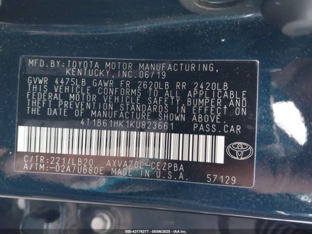 4T1B61HK1KU823661 Toyota CAMRY XSE