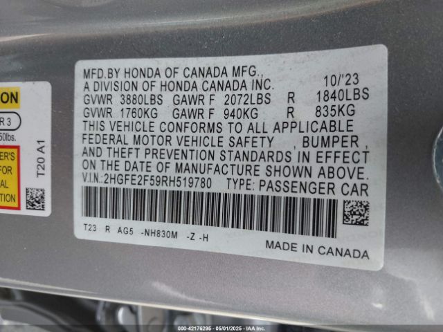 2HGFE2F59RH519780 Honda Civic Sport