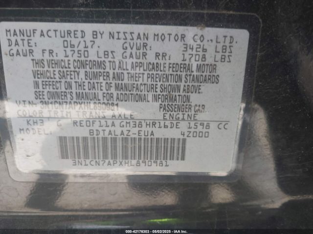 3N1CN7APXHL890981 Nissan Versa 1.6 S+