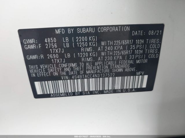 4S4BTACC4N3137522 Subaru Outback Premium