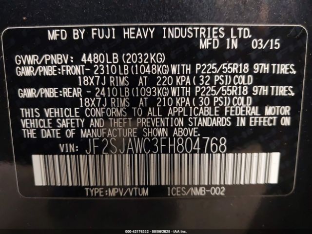 JF2SJAWC3FH804768 Subaru Forester 2.5i Touring