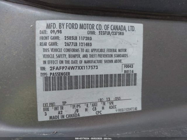 1999 FORD CROWN VICTORIA 2FAFP74W7XX117573 Photo 8