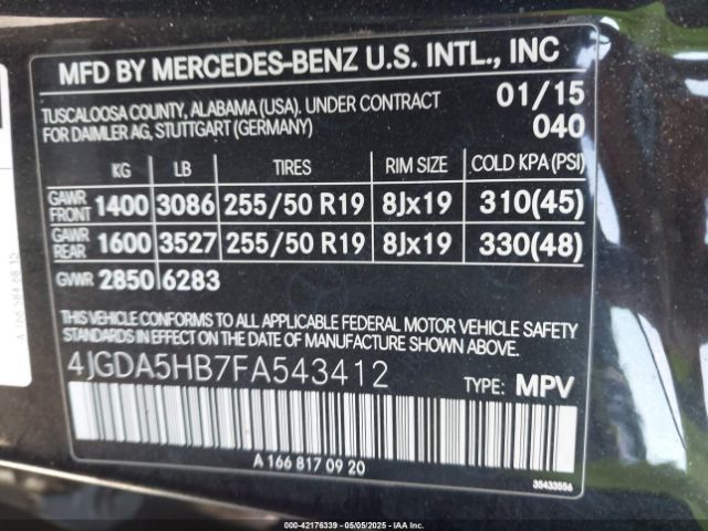 4JGDA5HB7FA543412 Mercedes-Benz Ml 350 4matic