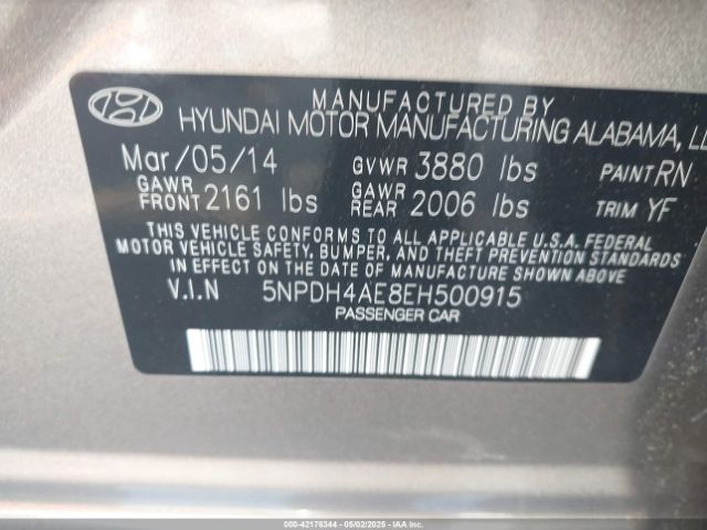 5NPDH4AE8EH500915 Hyundai Elantra Limited