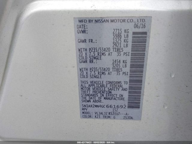 5N1AR2MN4GC661692 Nissan Pathfinder Platinum