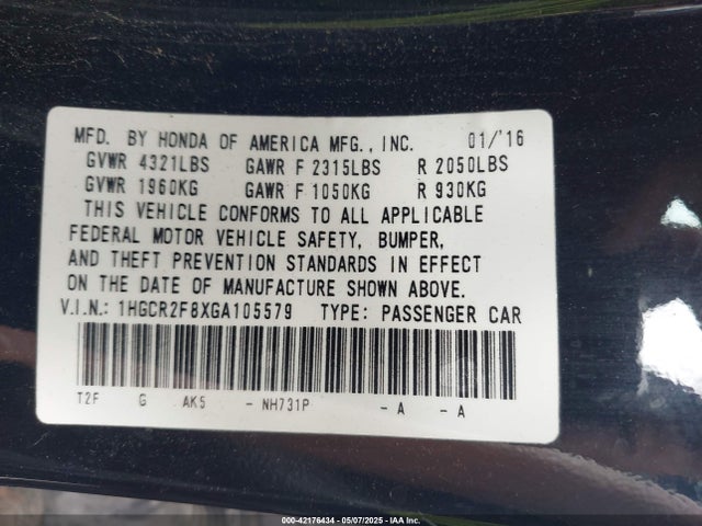 1HGCR2F8XGA105579 Honda Accord Ex-l