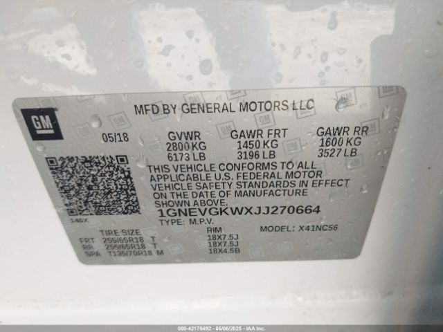 1GNEVGKWXJJ270664 Chevrolet Traverse 1lt