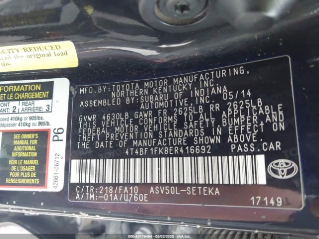4T4BF1FK8ER416692 Toyota CAMRY L