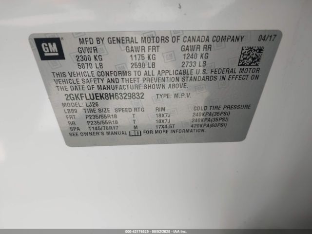 2GKFLUEK8H6329832 GMC lea - sidi: spark ignited direct injection, e85 max, alum