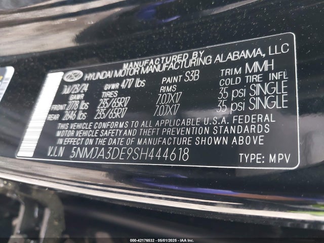 5NMJA3DE9SH444618 Hyundai gdi theta iii