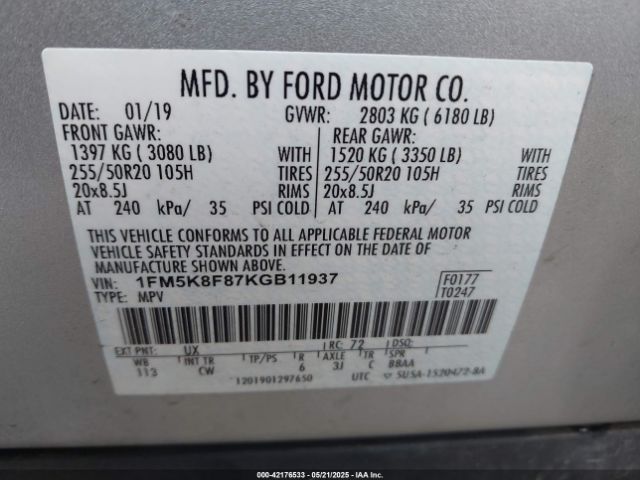 1FM5K8F87KGB11937 Ford Explorer Limited