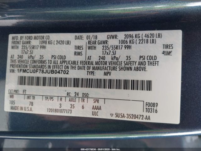 1FMCU0F78JUB04702 Ford ESCAPE S