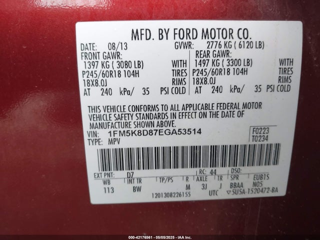 1FM5K8D87EGA53514 Ford EXPLORER XLT