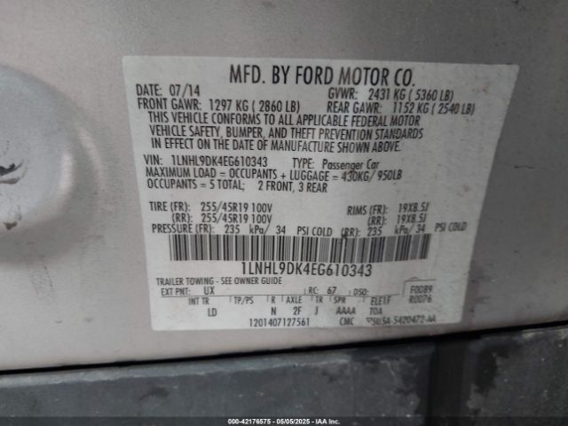 1LNHL9DK4EG610343 Lincoln 2014