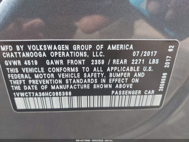1VWCT7A36HC085388 Volkswagen Passat 1.8t Sel Premium