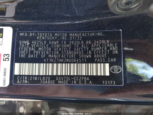 2022 TOYOTA CAMRY 4T1KZ1AK2NU064511 Photo 8