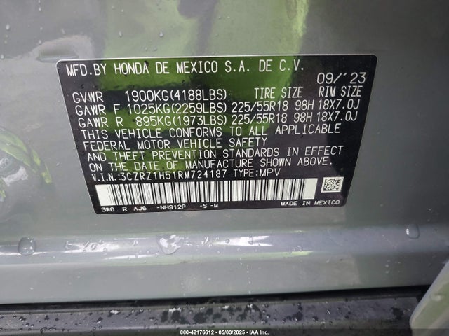 3CZRZ1H51RM724187 Honda Hr-v 2wd Sport/2wd Sport W/o Bsi