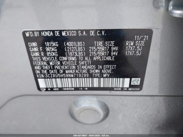 3CZRU5H59NM719299 Honda Hr-v 2wd Ex