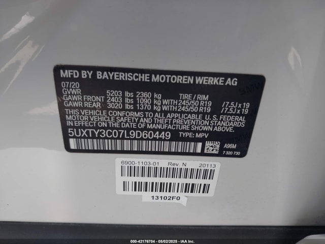BMW X3 2020 5UXTY3C07L9D60449 Image 9