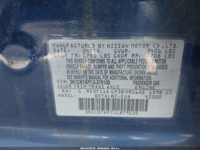3N1CN7AP7JL879135 Nissan Versa 1.6 Sv