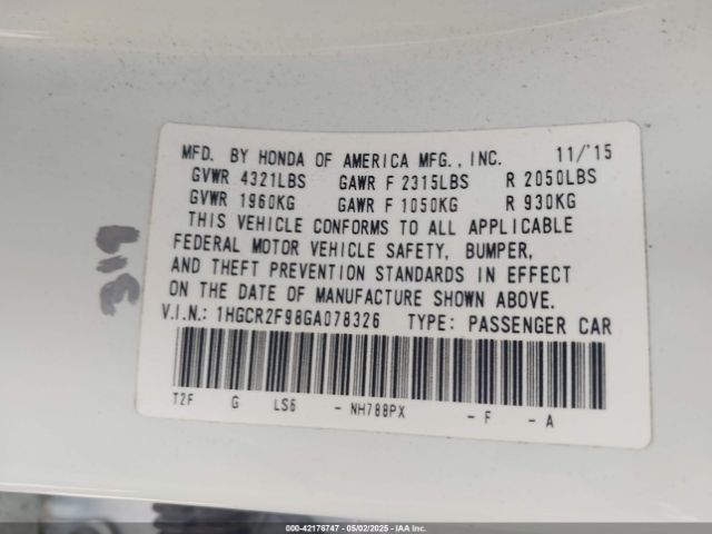 1HGCR2F98GA078326 Honda Accord Ex-l