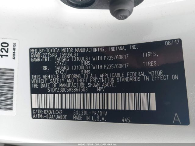 5TDYZ3DC5HS864503 Toyota Sienna Xle 8 Passenger