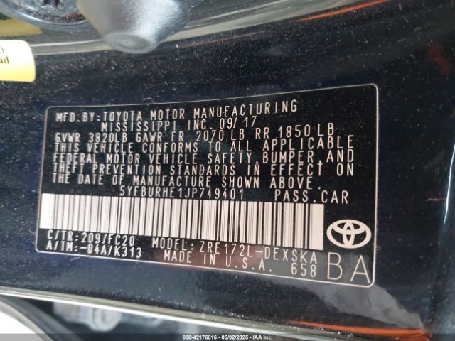 5YFBURHE1JP749401 Toyota COROLLA SE