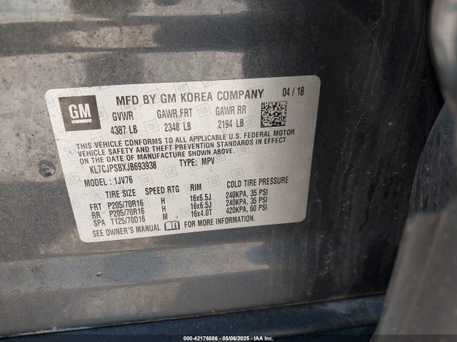 KL7CJPSBXJB693938 Chevrolet Trax Lt