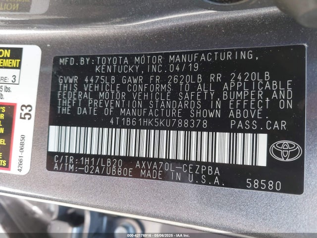 4T1B61HK5KU788378 Toyota CAMRY XSE