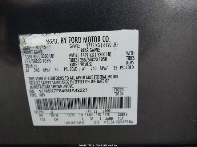 1FM5K7F84GGA42223 Ford Explorer Limited