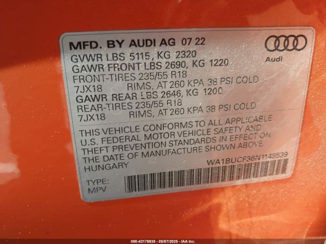 WA1BUCF36N1149539 Audi Q3 Premium Plus 40 Tfsi Quattro Tiptronic