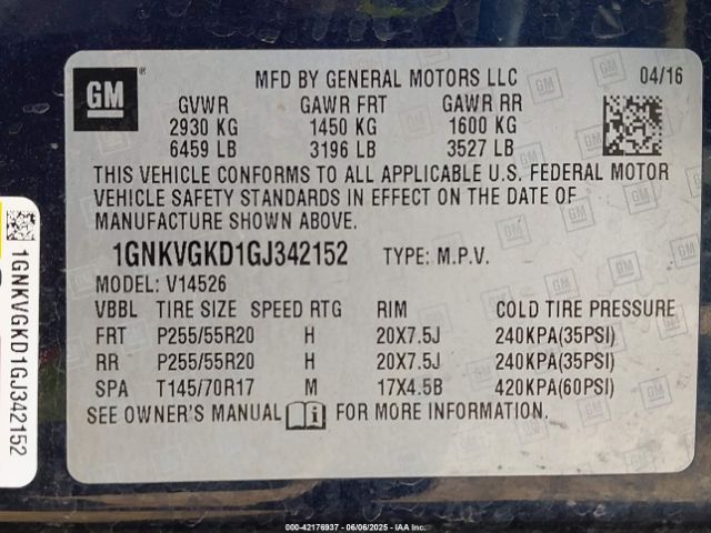 1GNKVGKD1GJ342152 Chevrolet Traverse 1lt