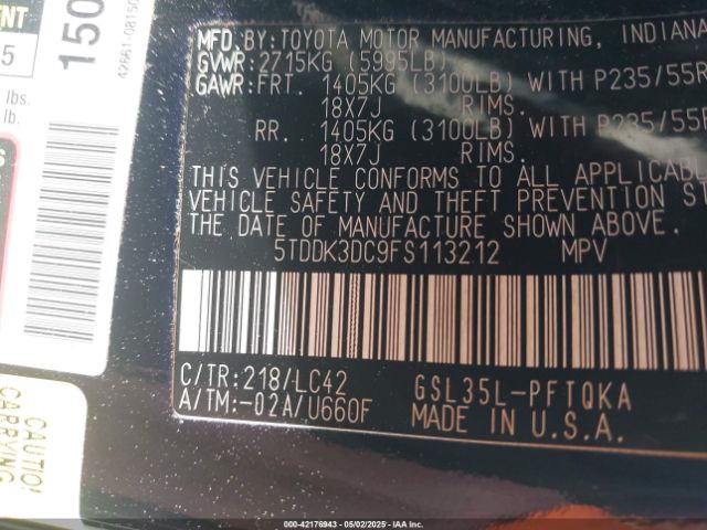 5TDDK3DC9FS113212 Toyota Sienna Xle 7 Passenger