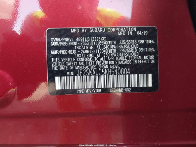 JF2SKAUC5KH540804 Subaru Forester Limited