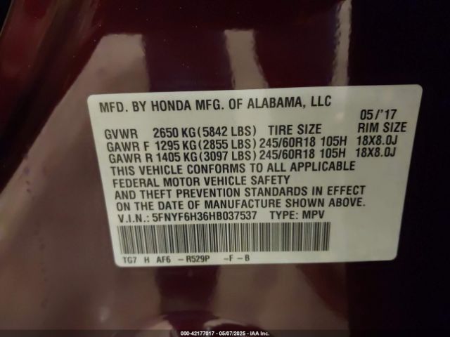 5FNYF6H36HB037537 Honda Pilot Ex