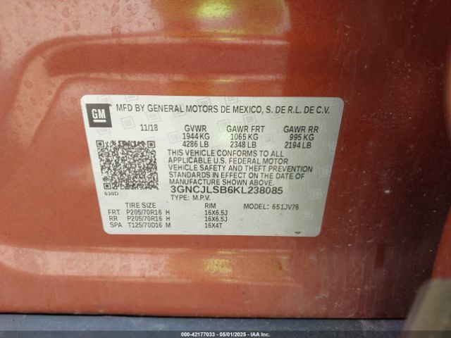 3GNCJLSB6KL238085 Chevrolet Trax Lt