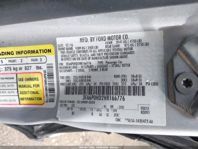 3FA6P0HD2HR166776 Ford FUSION SE