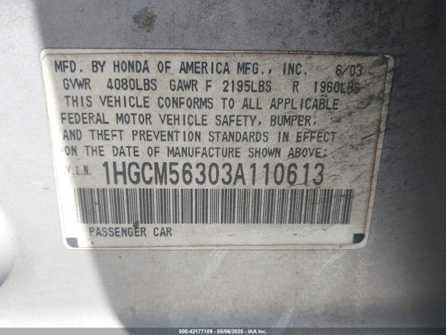 42177109 :رقم المزاد ، 1HGCM56303A110613 vin ، 2003 Honda Accord 2.4 Lx مزاد بيع
