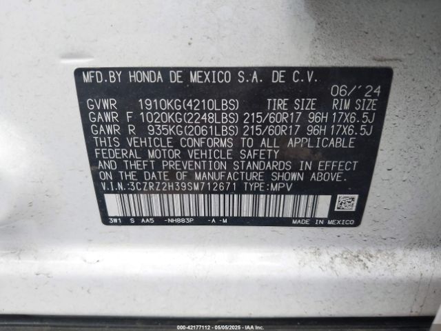 3CZRZ2H39SM712671 Honda Hr-v Awd Lx