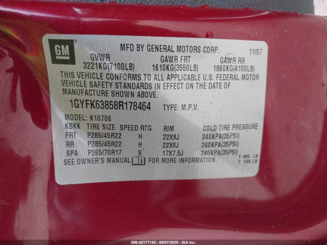 2008 CADILLAC ESCALADE 1GYFK63858R178464 Photo 8