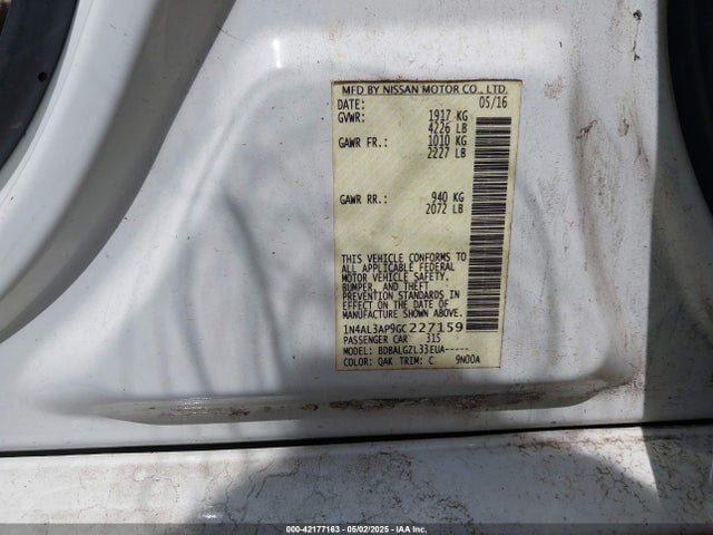 1N4AL3AP9GC227159 Nissan Altima 2.5/2.5 S/2.5 Sl/2.5 Sr/2.5 Sv
